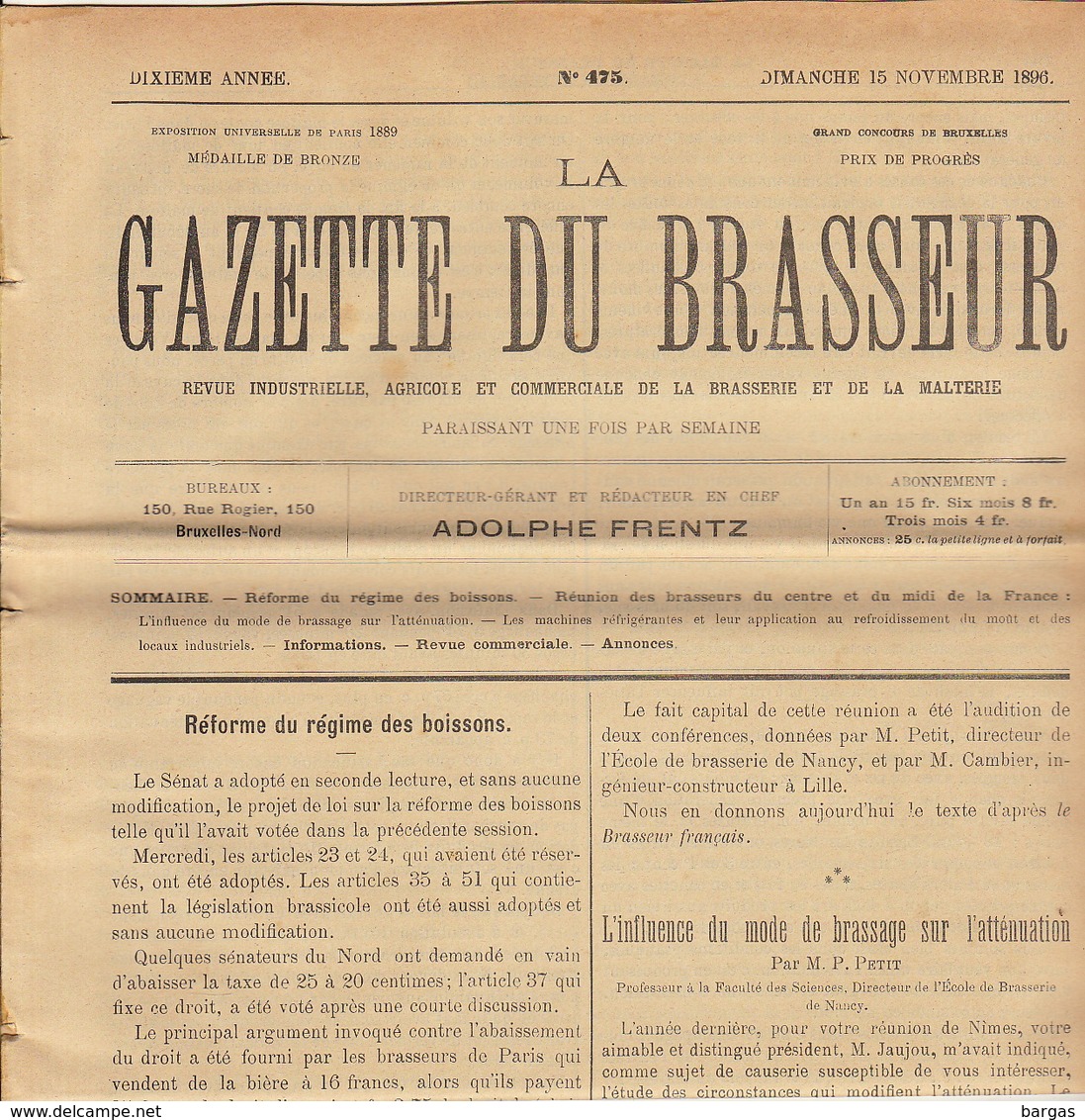 Journal LA GAZETTE DU BRASSEUR 1895 - 1896 Bière Brasserie - Sonstige & Ohne Zuordnung