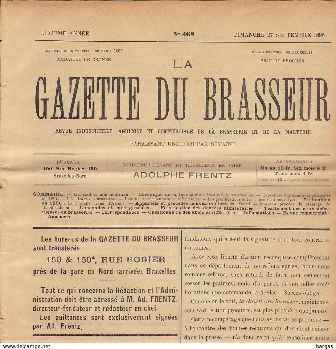 Journal LA GAZETTE DU BRASSEUR 1895 - 1896 Bière Brasserie - Autres & Non Classés