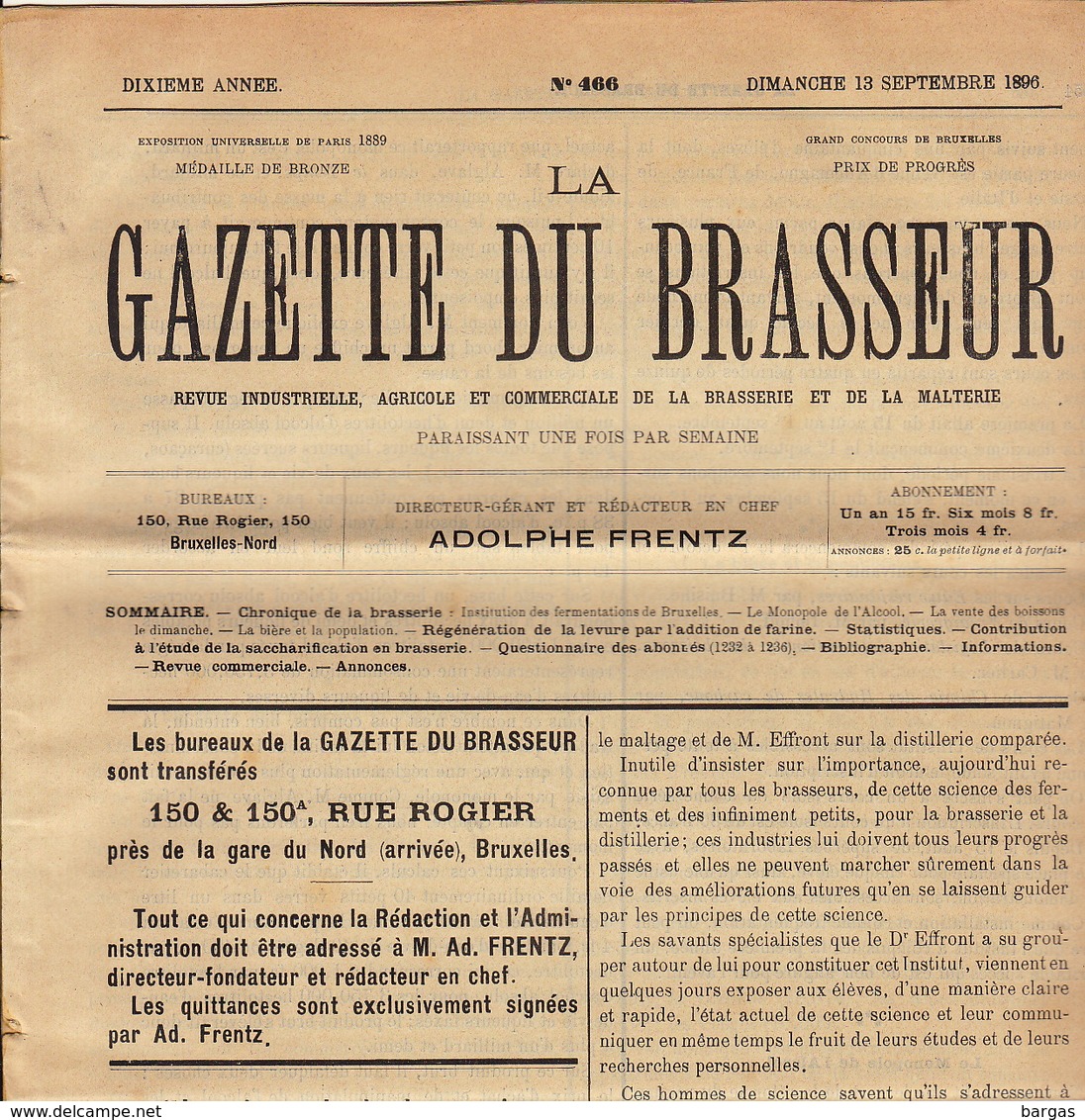 Journal LA GAZETTE DU BRASSEUR 1895 - 1896 Bière Brasserie - Sonstige & Ohne Zuordnung