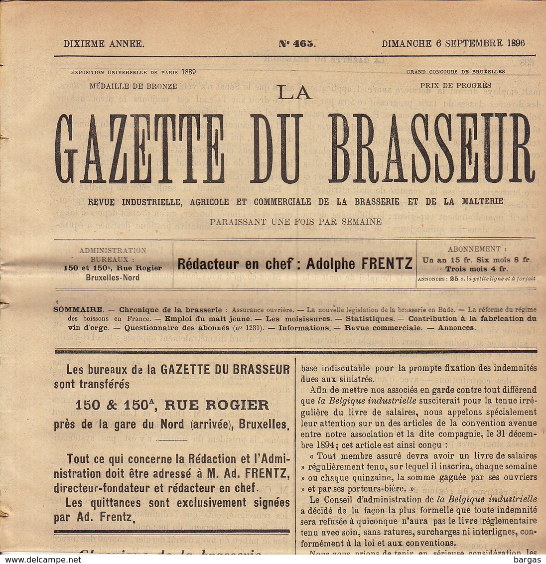 Journal LA GAZETTE DU BRASSEUR 1895 - 1896 Bière Brasserie - Sonstige & Ohne Zuordnung