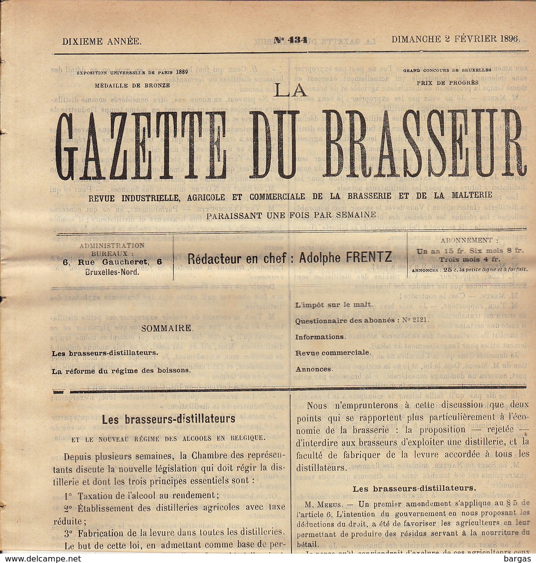 Journal LA GAZETTE DU BRASSEUR 1895 - 1896 Bière Brasserie - Autres & Non Classés