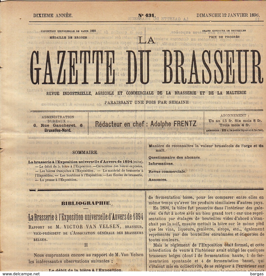 Journal LA GAZETTE DU BRASSEUR 1895 - 1896 Bière Brasserie - Autres & Non Classés