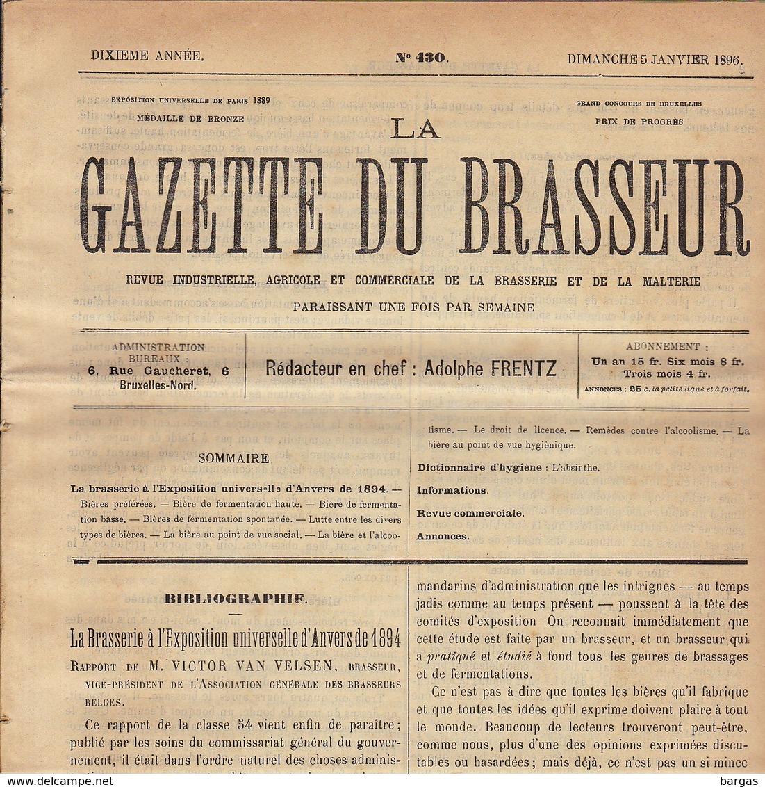 Journal LA GAZETTE DU BRASSEUR 1895 - 1896 Bière Brasserie - Sonstige & Ohne Zuordnung