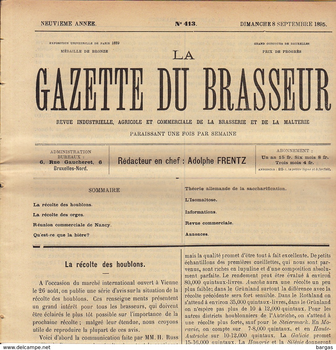 Journal LA GAZETTE DU BRASSEUR 1895 - 1896 Bière Brasserie - Sonstige & Ohne Zuordnung