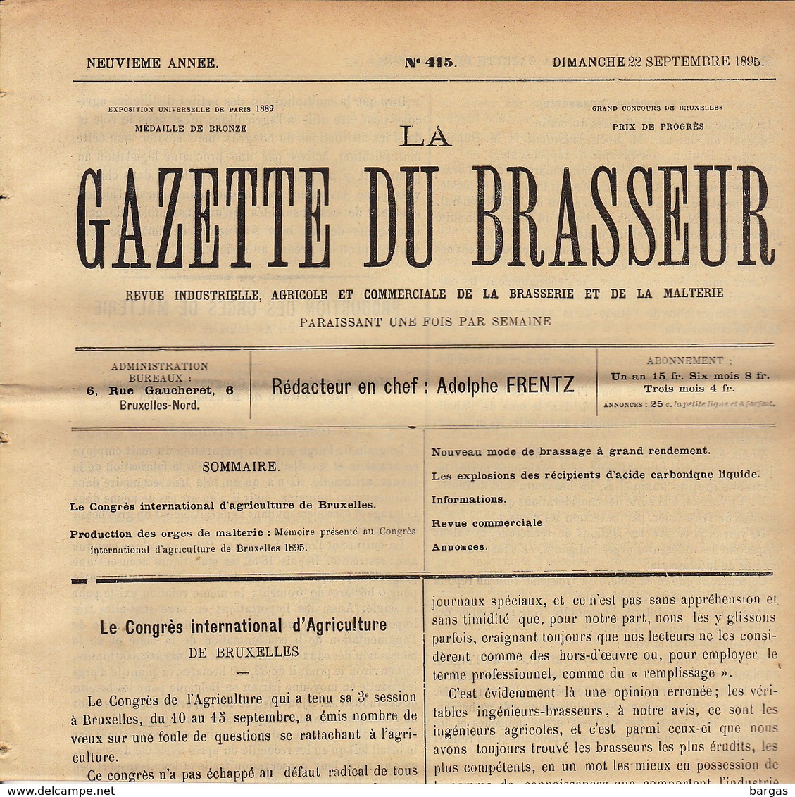 Journal LA GAZETTE DU BRASSEUR 1895 - 1896 Bière Brasserie - Sonstige & Ohne Zuordnung