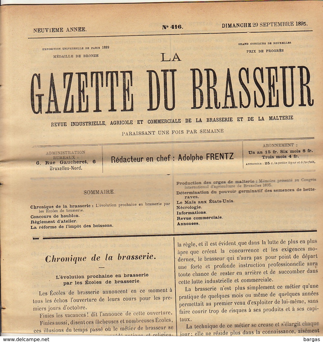 Journal LA GAZETTE DU BRASSEUR 1895 - 1896 Bière Brasserie - Sonstige & Ohne Zuordnung