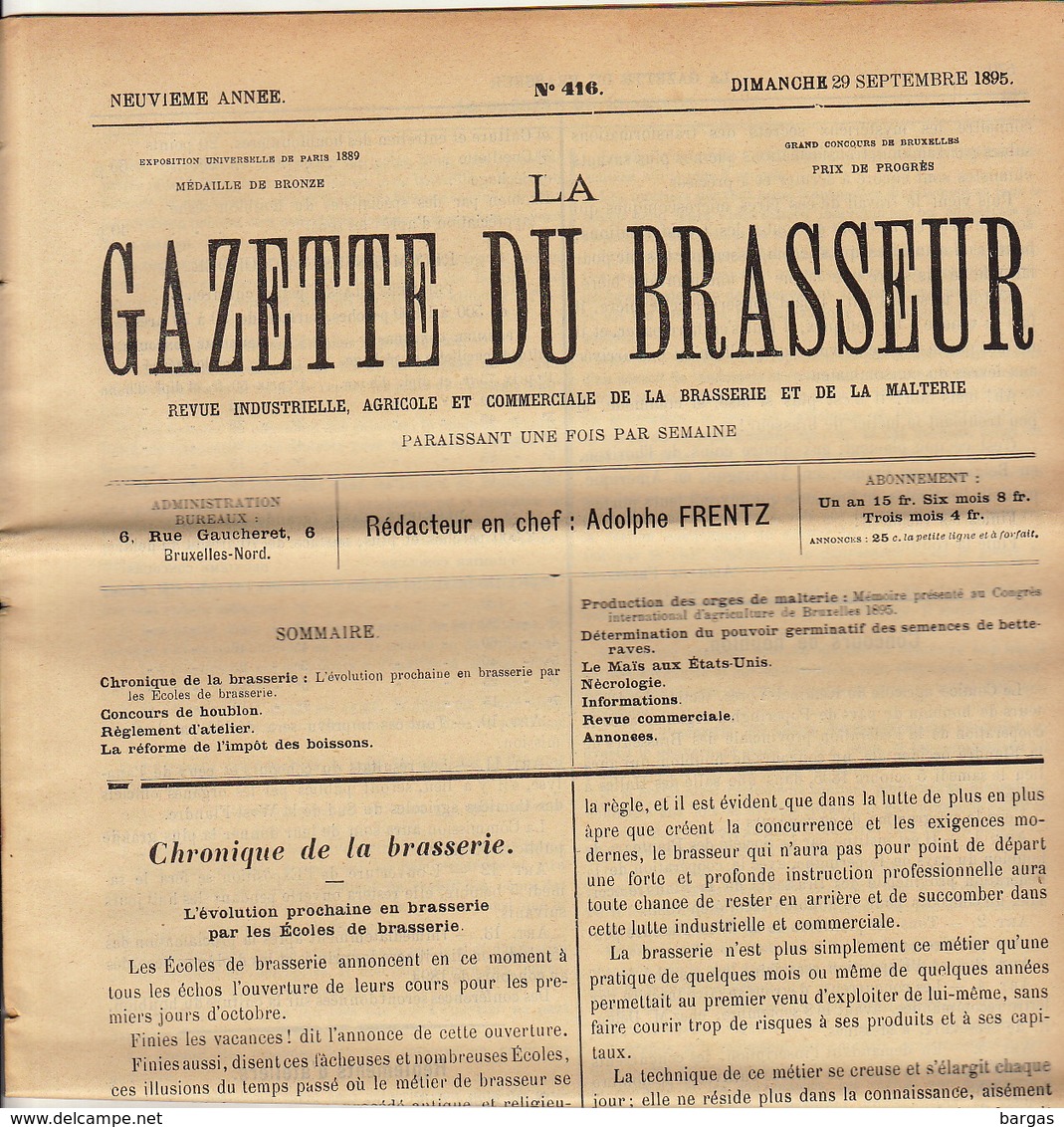 Journal LA GAZETTE DU BRASSEUR 1895 - 1896 Bière Brasserie - Autres & Non Classés