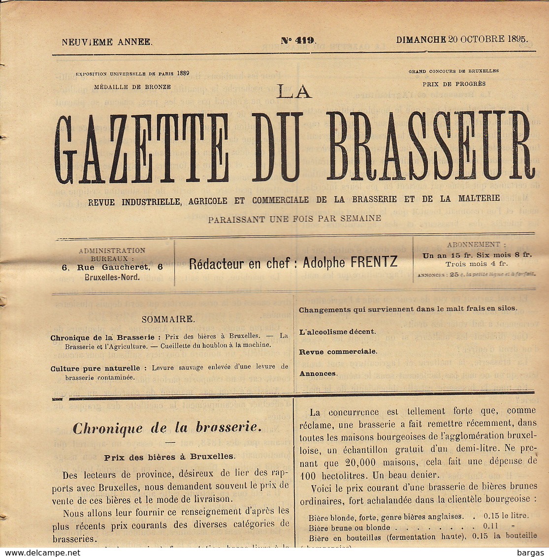 Journal LA GAZETTE DU BRASSEUR 1895 - 1896 Bière Brasserie - Sonstige & Ohne Zuordnung