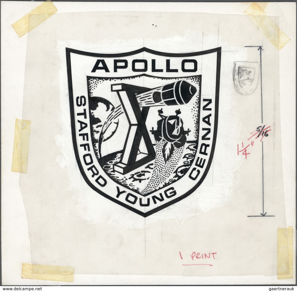 Thematik: Raumfahrt / Astronautics: 1969, Yemen (Kingdom). Artwork For APOLLO X Emblem. Ink And Acry - Andere & Zonder Classificatie