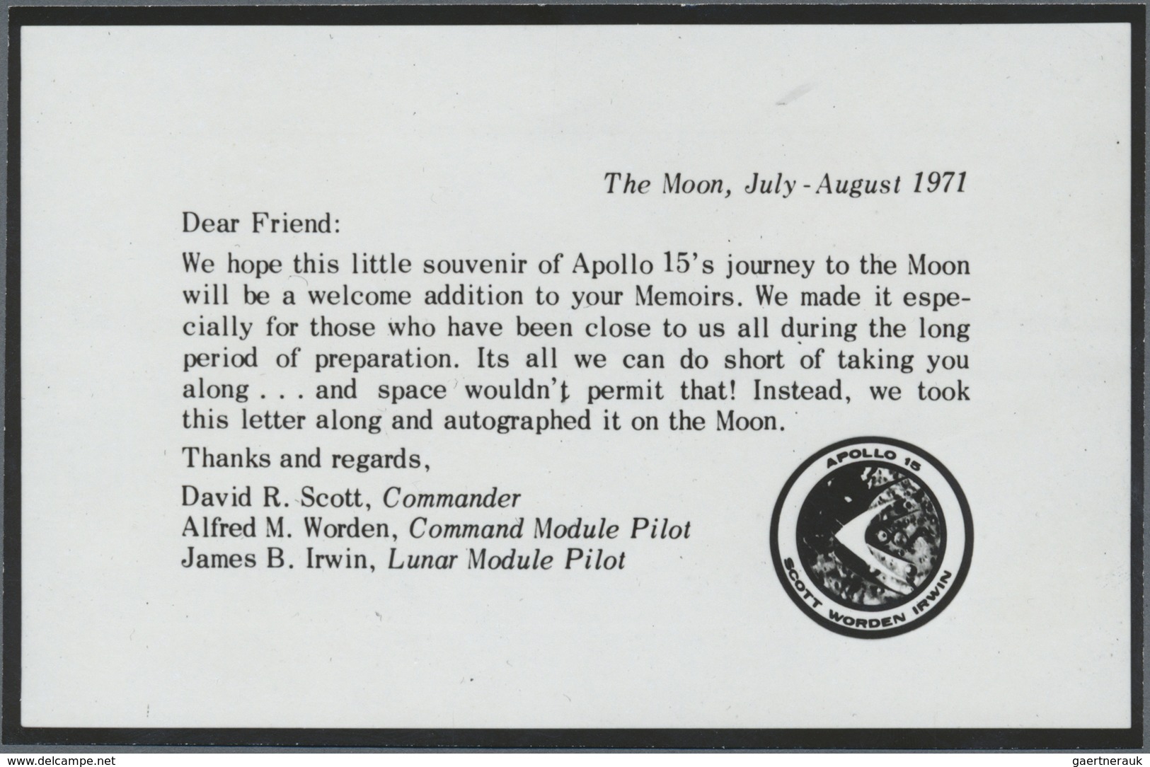 Br Thematik: Raumfahrt / Astronautics: USA, APOLLO 15, Al Worden Mooon Cover Bearing Cachet "LAUNCH JUL - Andere & Zonder Classificatie