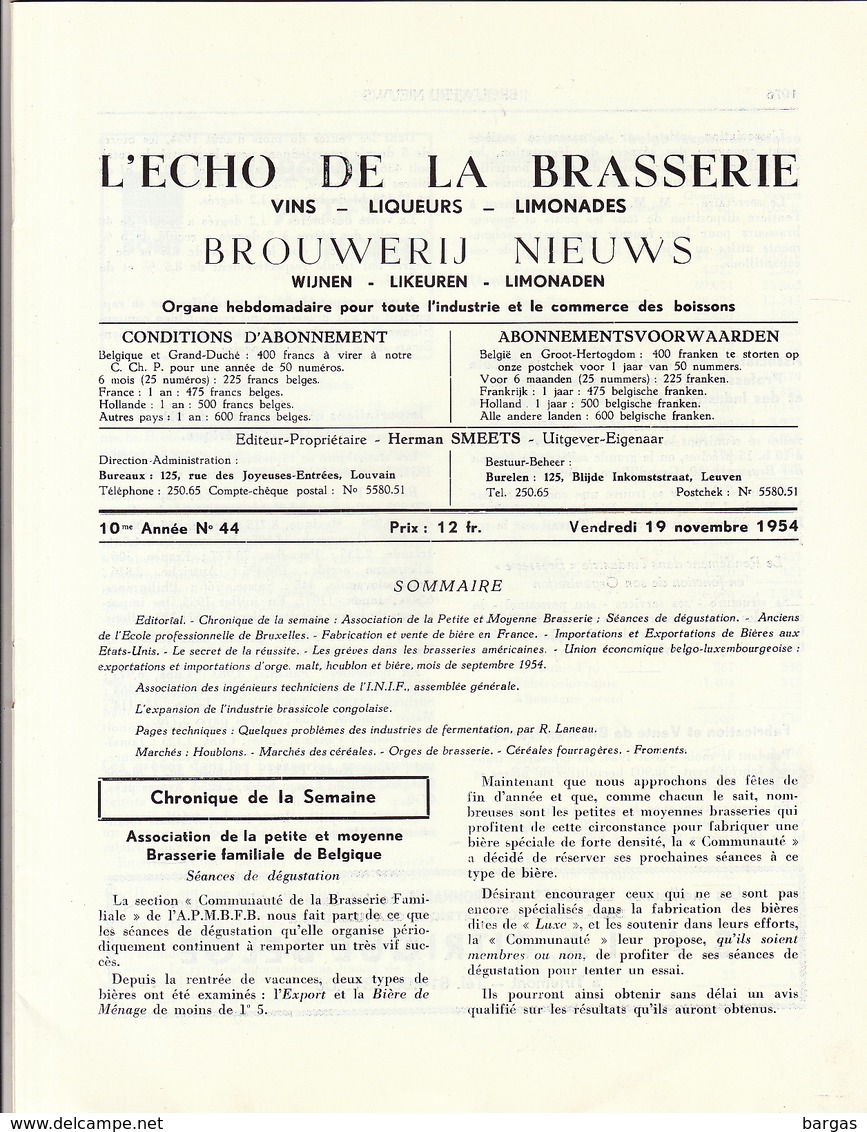 Revue L'ECHO DE LA BRASSERIE Biere Limonade Liqueur - Autres & Non Classés