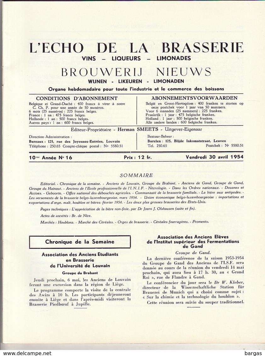 Revue L'ECHO DE LA BRASSERIE Biere Limonade Liqueur - Autres & Non Classés