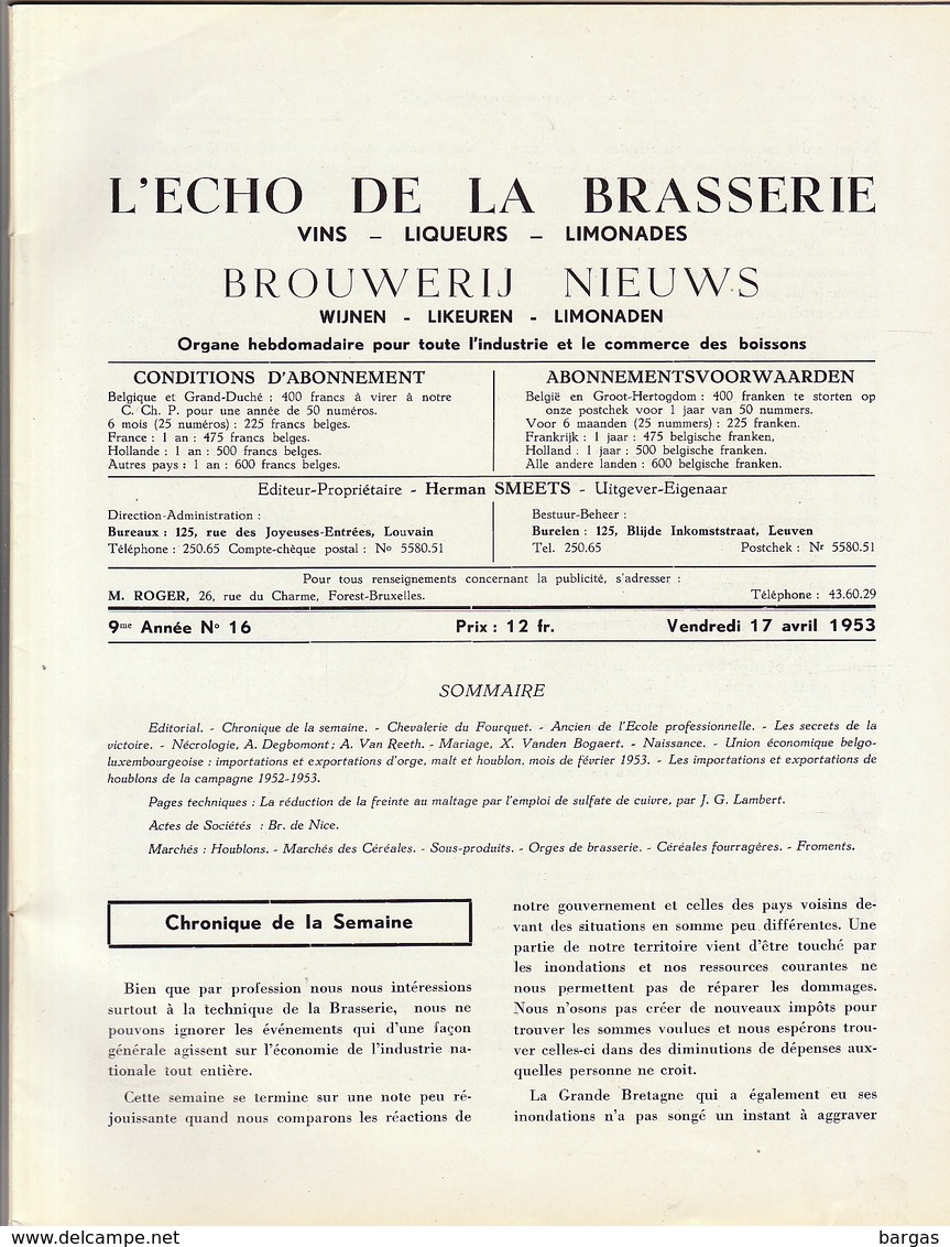 Revue L'ECHO DE LA BRASSERIE Biere Limonade Liqueur - Autres & Non Classés