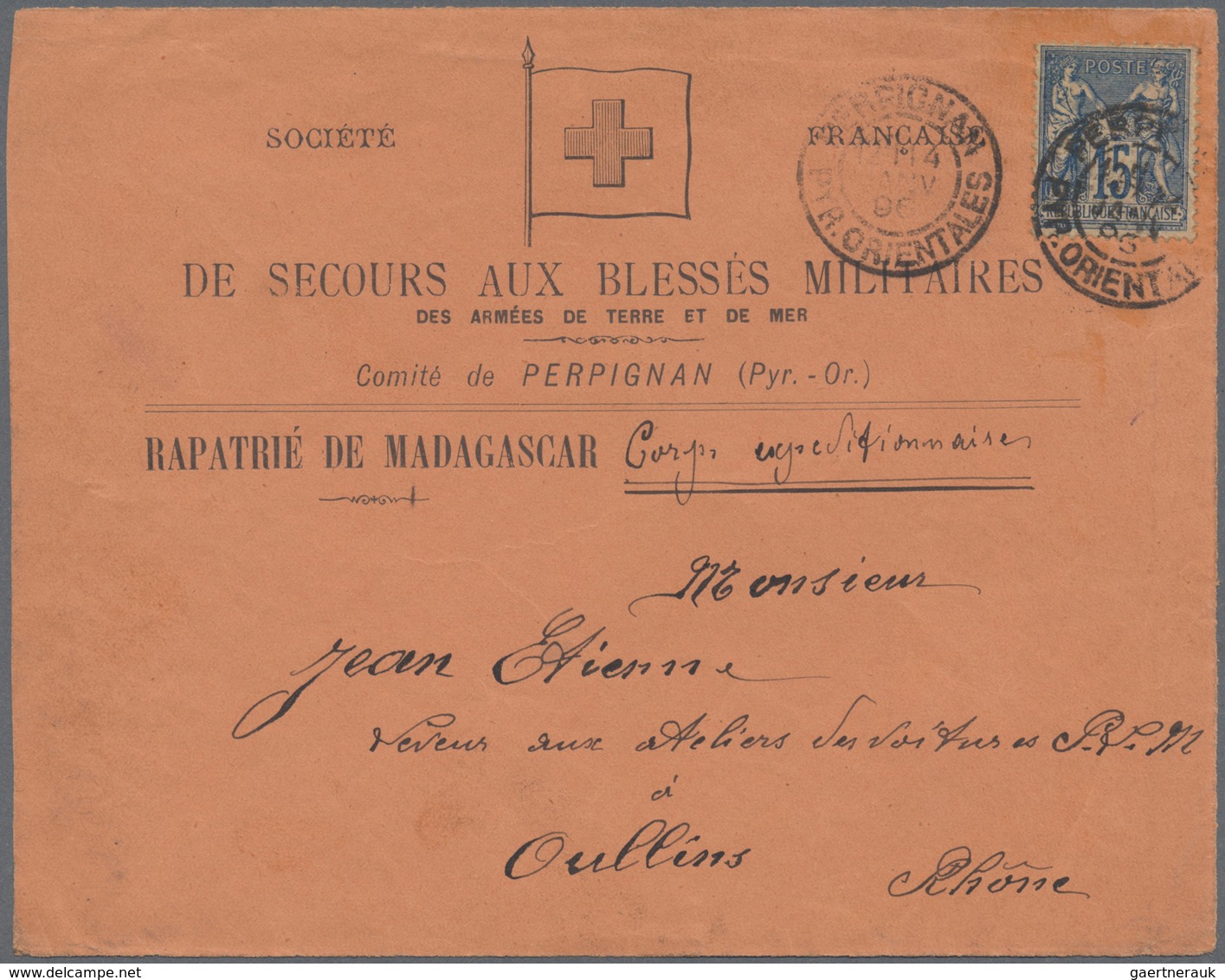 Br/Brfst Thematik: Rotes Kreuz / Red Cross: 1896 MADAGASKAR Rote Kreuz-Vordruckbrief-Vorderseite "De Secours - Rode Kruis