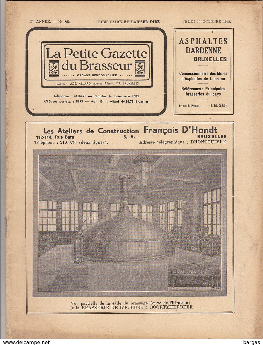 Revue LA PETITE GAZETTE DU BRASSEUR Bière Brasserie 1935 - Sonstige & Ohne Zuordnung