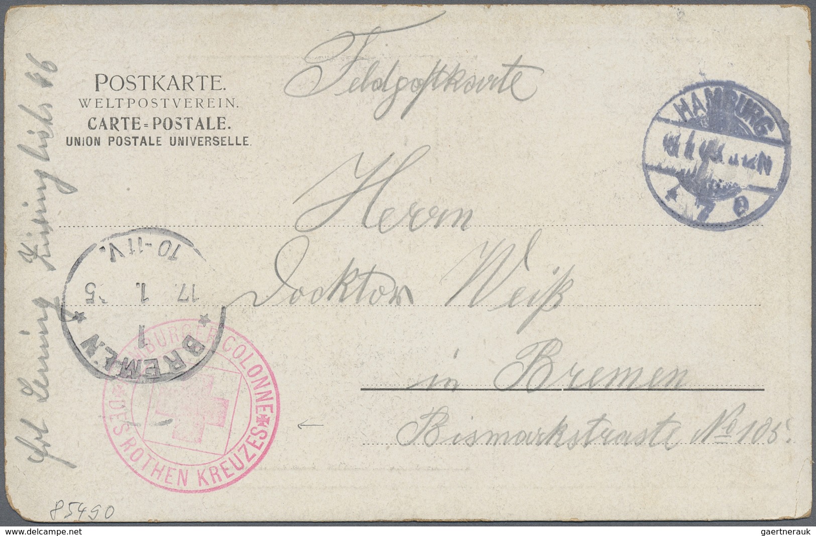 Br Thematik: Rotes Kreuz / Red Cross: 1905 Deutsches Reich Feldpostkarte Ab HAMBURG M. Rotem K2 "HAMBUR - Croix-Rouge