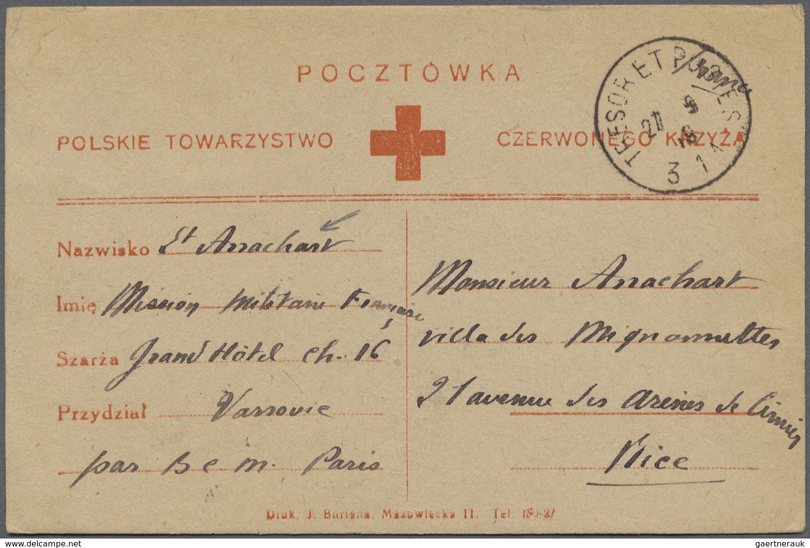 Br Thematik: Rotes Kreuz / Red Cross: 1919. Printed Polish Red Cross Post Card Written From The 'French - Rode Kruis