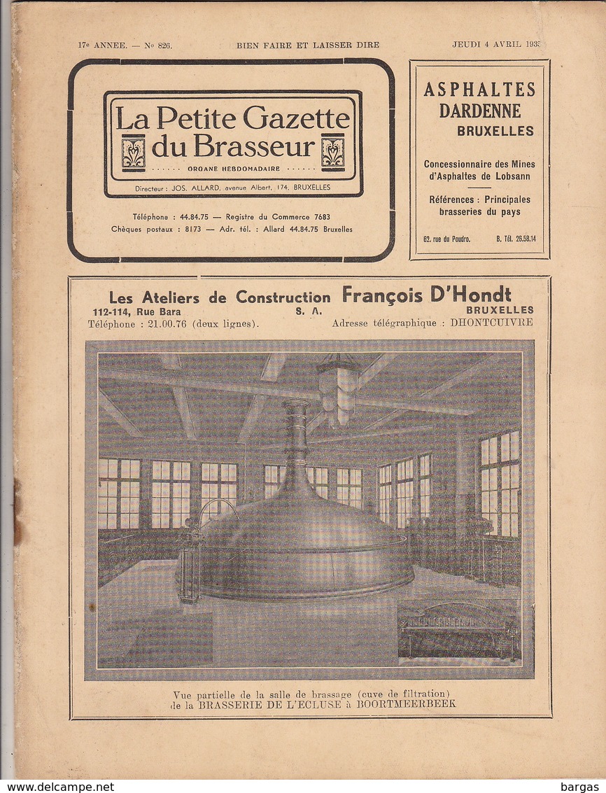 Revue LA PETITE GAZETTE DU BRASSEUR Bière Brasserie 1935 - Sonstige & Ohne Zuordnung