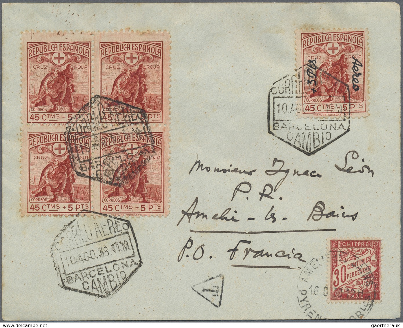 Br Thematik: Rotes Kreuz / Red Cross: 1938 Spanien 5x 45 C. Rot "Sanitäter M. Verletztem" U. 30 C. Port - Croix-Rouge