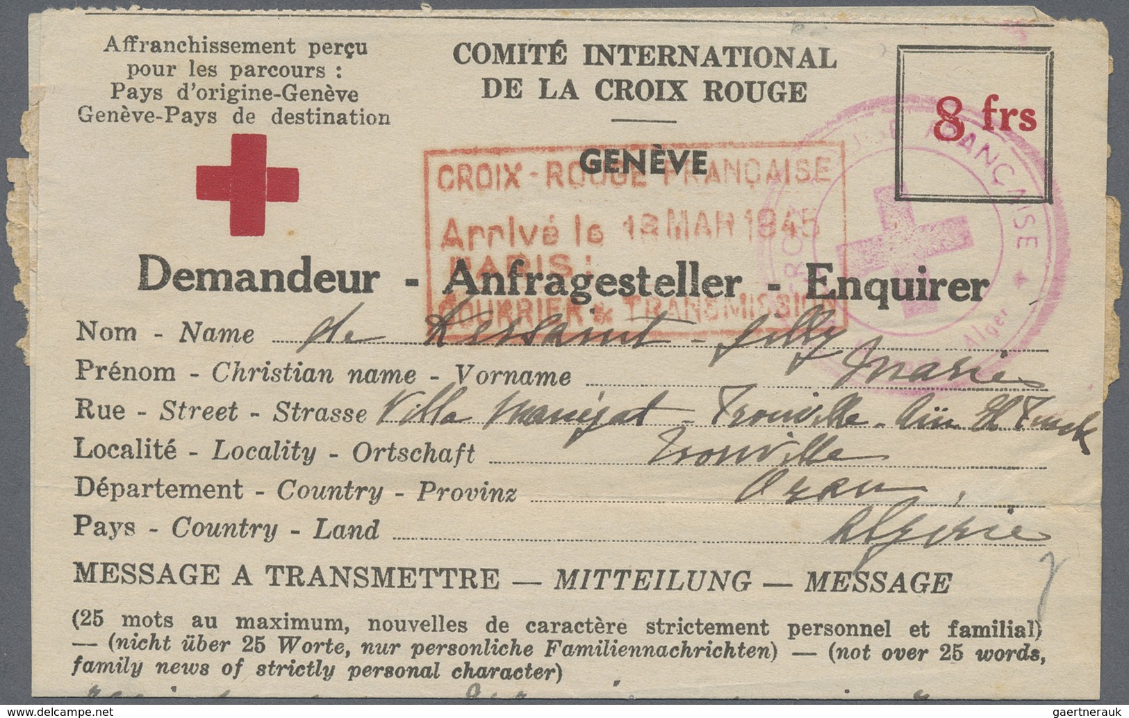 GA Thematik: Rotes Kreuz / Red Cross: 1944, Drei Versch. Rot-Kreuz Stpl Und RCF Verschlußstr. Auf Nachr - Croix-Rouge