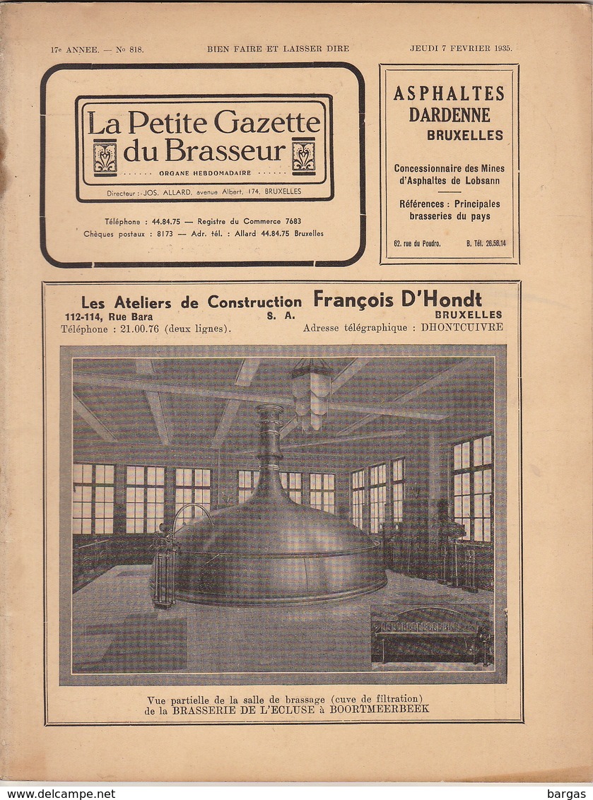 Revue LA PETITE GAZETTE DU BRASSEUR Bière Brasserie 1935 - Autres & Non Classés