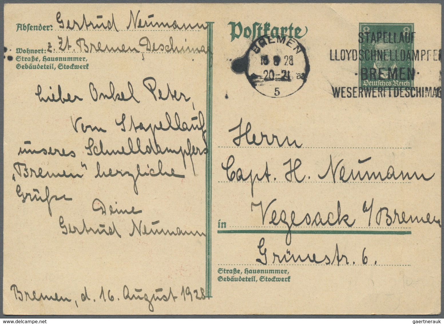 GA/Br Thematik: Schiffe / Ships: 1928, Dt. Reich. Privat-Postkarte 8 Pf Beethoven "Stapellauf Des Lloyd-Sc - Bateaux