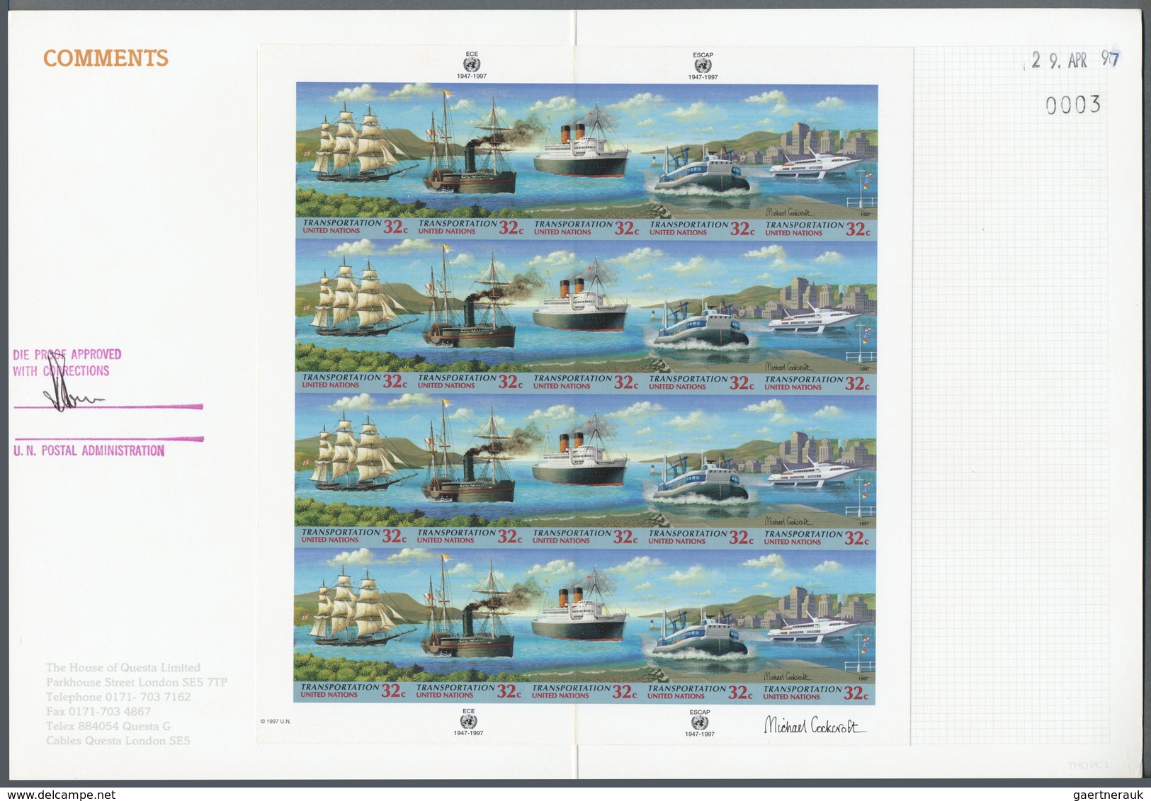 Thematik: Schiffe / Ships: 1997, UN New York. Imperforate Approved Proof Se-tenant Sheet Of 4 Strips - Boten