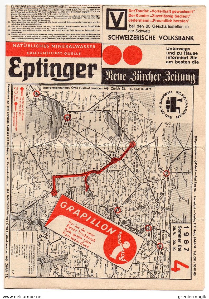 Suisse 1967 - Horaires Des Trains été - Lignes De Chemins De Fer - Carte - Publicité - Europa