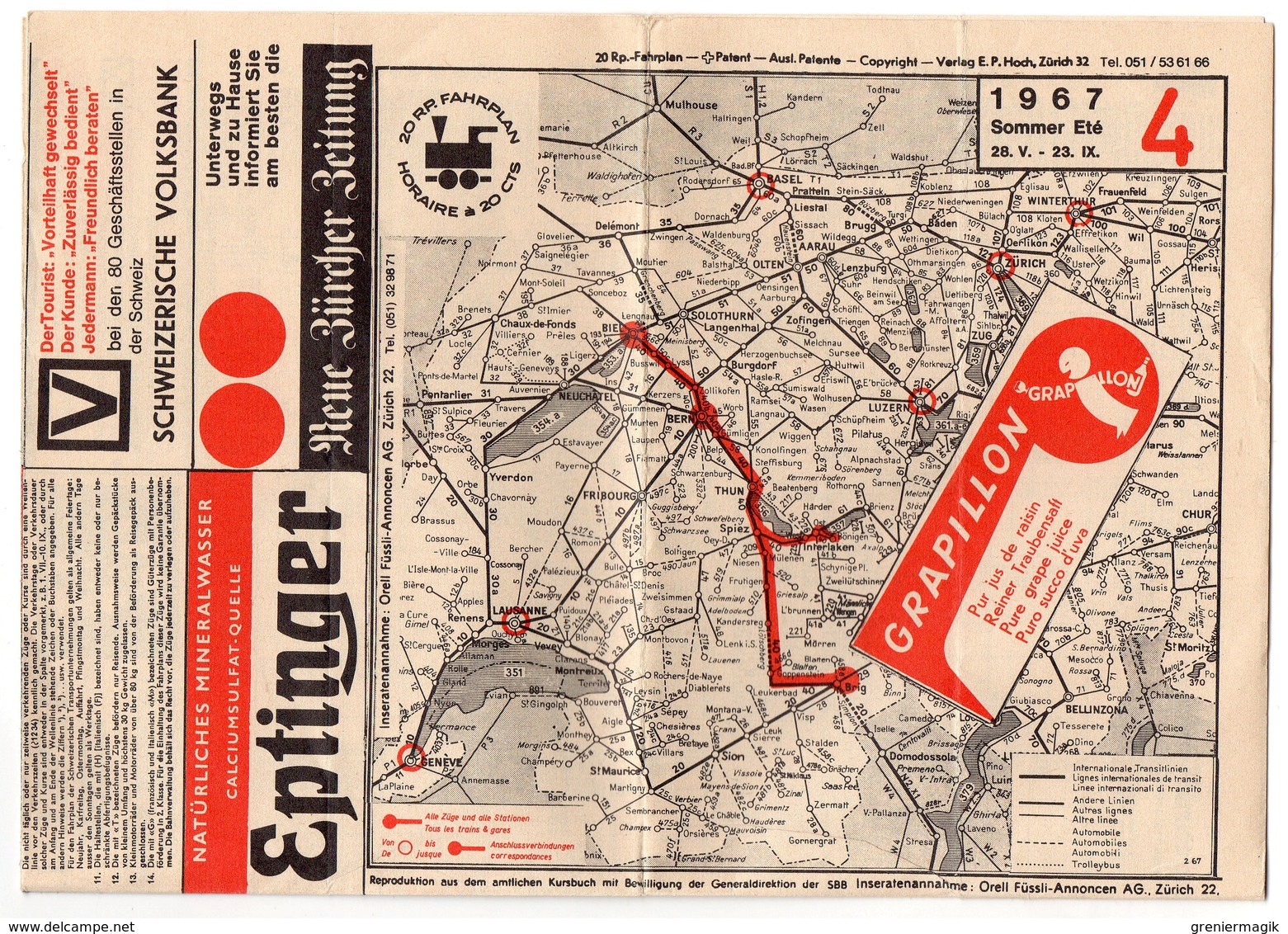 Suisse 1967 - Horaires Des Trains été - Lignes De Chemins De Fer - Carte - Publicité - Europe