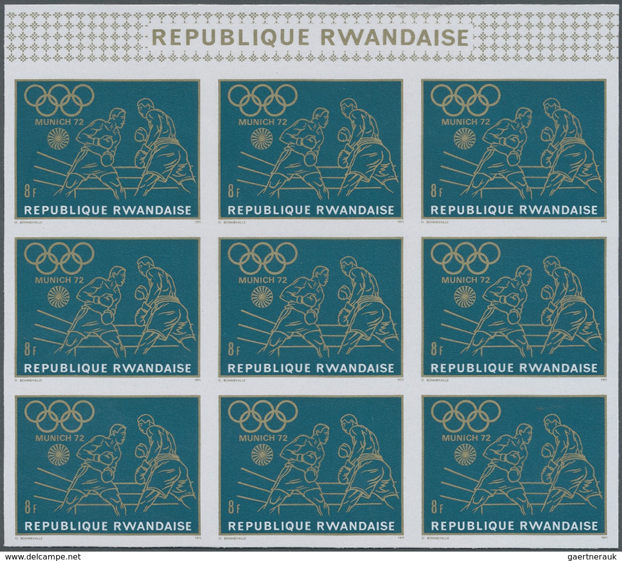 ** Thematik: Sport-Boxen / Sport-boxing: 1971, Rwanda. COLOR VARIETY. Imperforate Block Of 9 For The 8f - Boksen