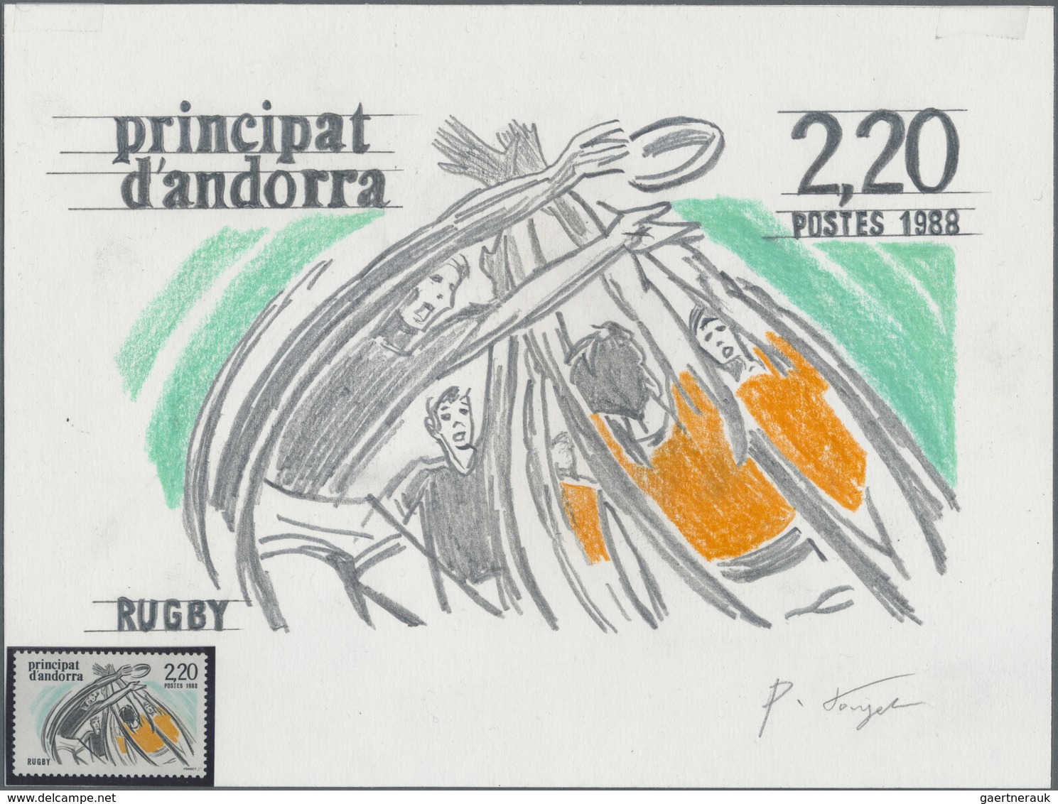 Thematik: Sport-Rugby / Sport-rugby: 1988, Andorra (French Admin). Original Artist's Painting For Th - Other & Unclassified