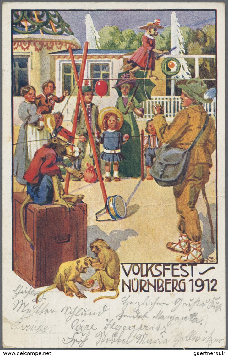 GA Thematik: Tiere-Affen / Animals-monkeys: 1912, Bayern. Privat-Postkarte 5 Pf Luitpold "Volksfest Nür - Monkeys