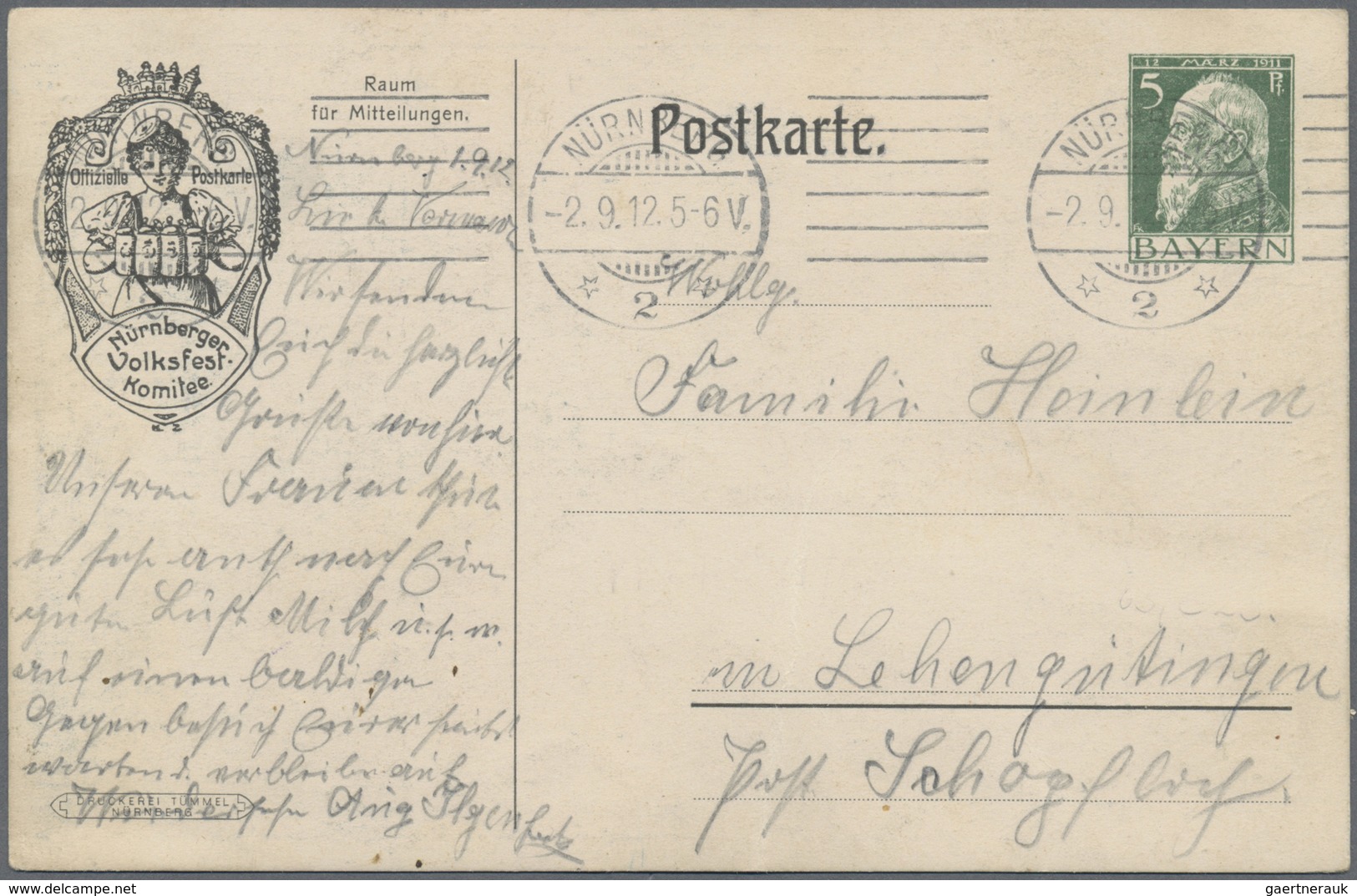 GA Thematik: Tiere-Affen / Animals-monkeys: 1912, Bayern. Privat-Postkarte 5 Pf Luitpold "Volksfest Nür - Singes