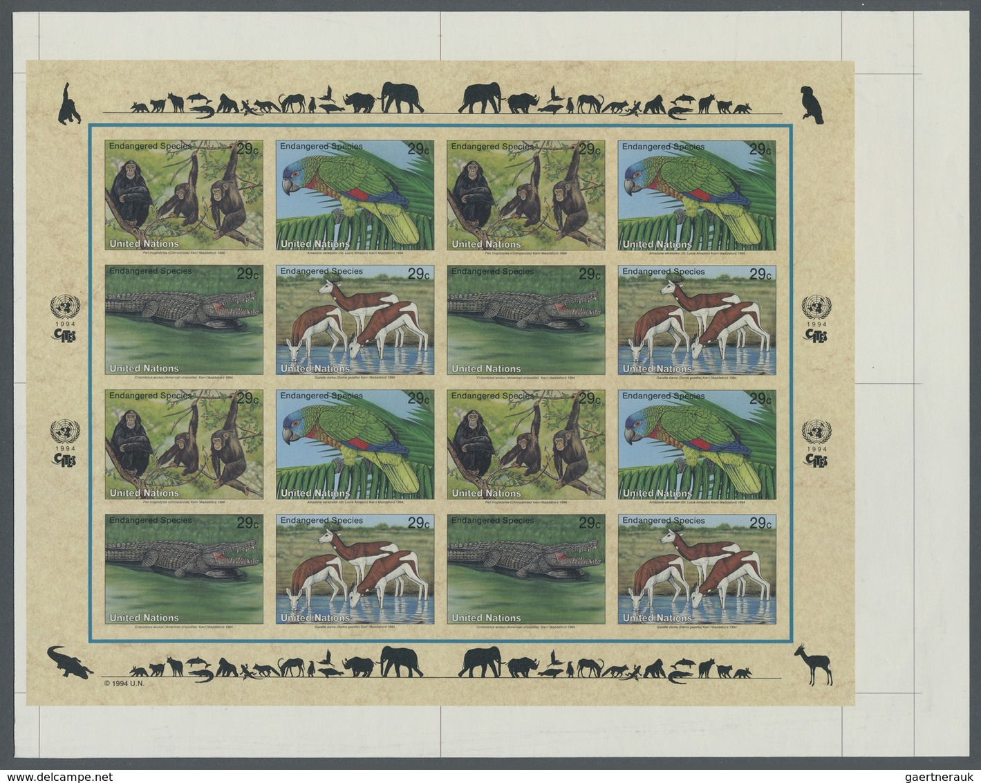 ** Thematik: Tiere-Affen / Animals-monkeys: 1994, UN New York. Imperforate Pane Of 4 Sets Of 4 Showing - Singes