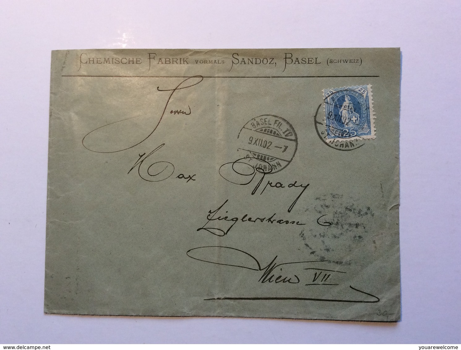 BASEL ST JOHANN 1902 Brief CHEMISCHE FABRIK SANDOZ Stehende Helvetia (Schweiz Suisse Lettre Cover Chemie Chemistry - Briefe U. Dokumente