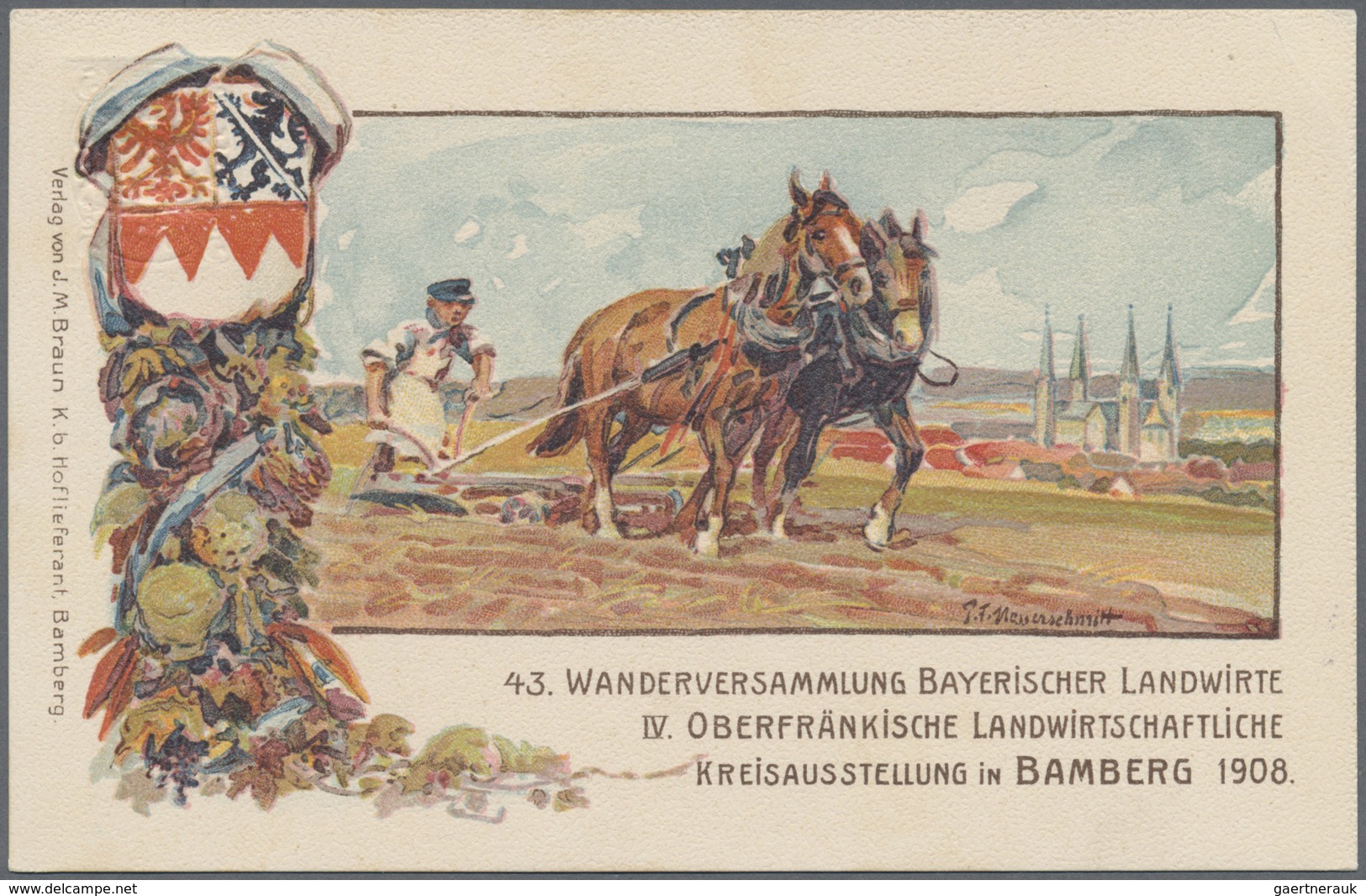 GA Thematik: Tiere-Pferde / Animals-horses: 1908, Bayern. Privat-Postkarte 5 Pf Wappen "43. Wanderveran - Paarden