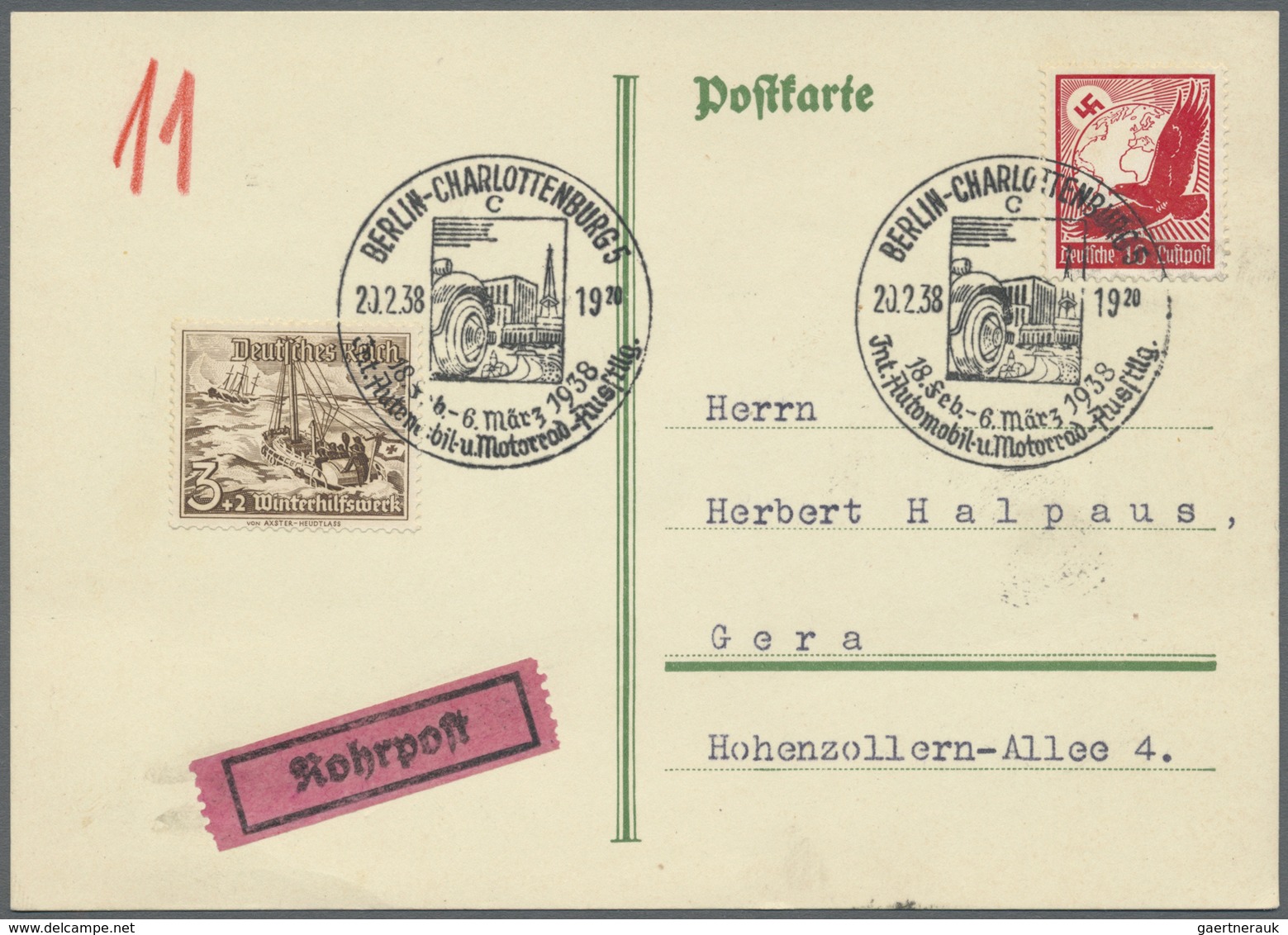 Br Thematik: Verkehr-Auto / Traffic-car: 1938, Dt. Reich. Rohrpost-Minuten-SST "Berlin-Charlottenburg 2 - Auto's