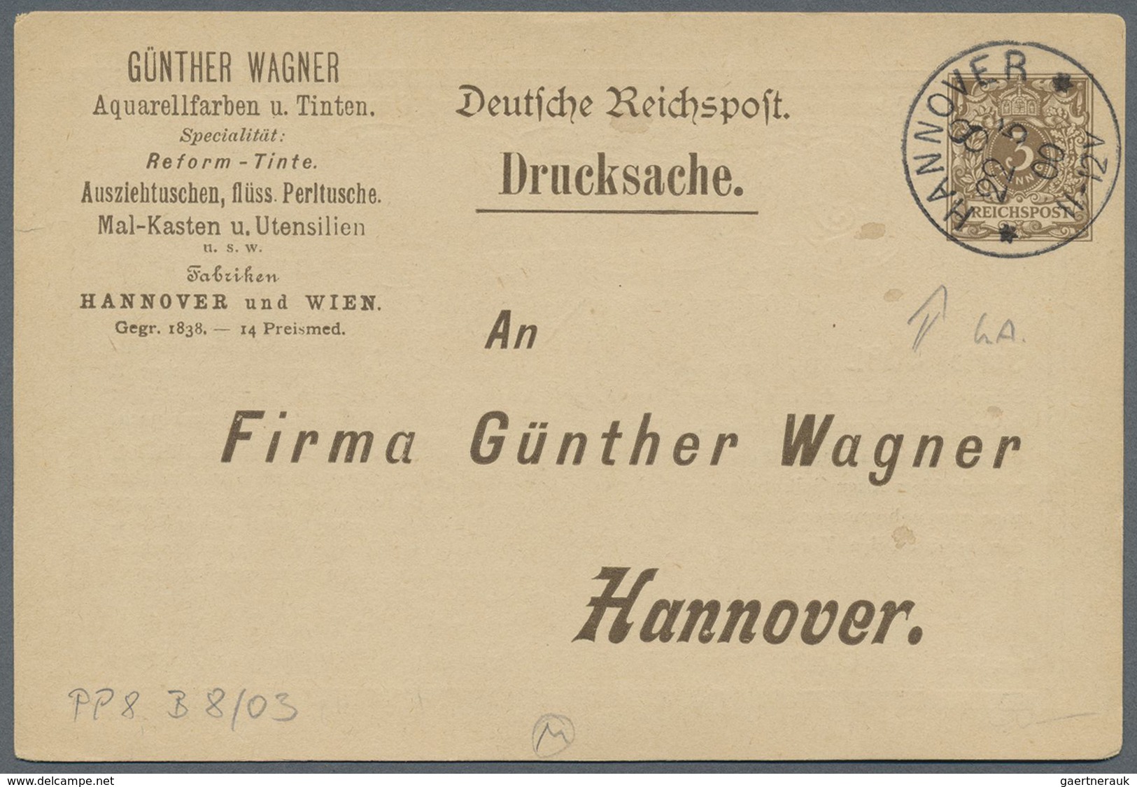 GA Thematik: Werbung: 1900, 3 Pfg Krone/Adler Privat-Ganzsachenkarte "Günther Wagner Hannover - Aquarel - Andere & Zonder Classificatie