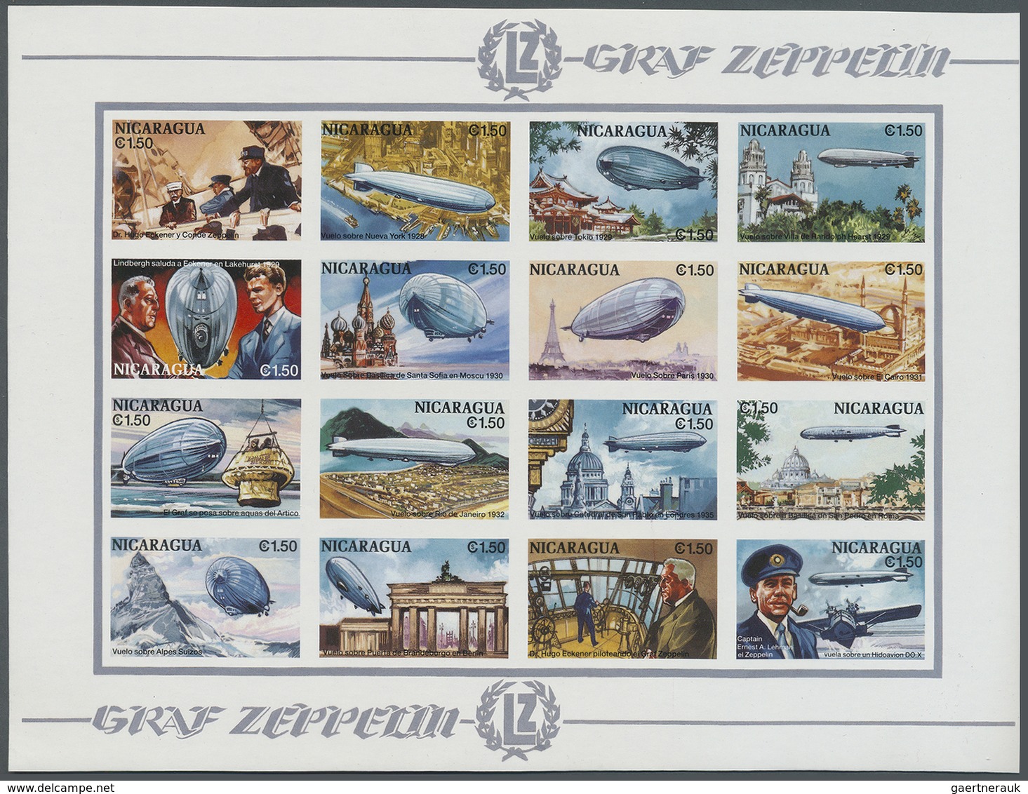 ** Thematik: Zeppelin / Zeppelin: 1994, Nicaraguar. Imperforate Proof For The Miniature Sheet Of 16 Of - Zeppelins