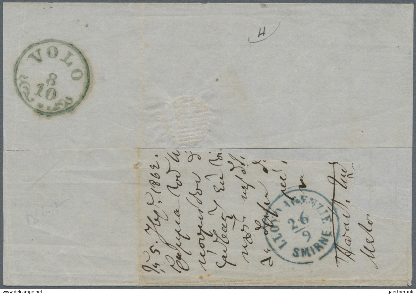 Br Ägypten: 1864, Folded Envelope From ALESSANDRIA Egypt, Red Crayon "30" For Taxe, Adressed To Volo / - 1915-1921 Brits Protectoraat