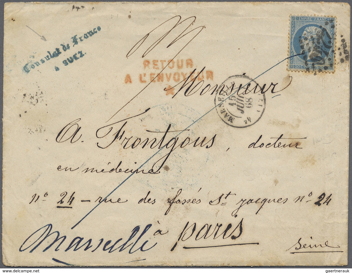 Br Ägypten: 1868. Envelope Written From The 'Consulat De France A Suez' With (consul Seal On Reverse An - 1915-1921 Brits Protectoraat