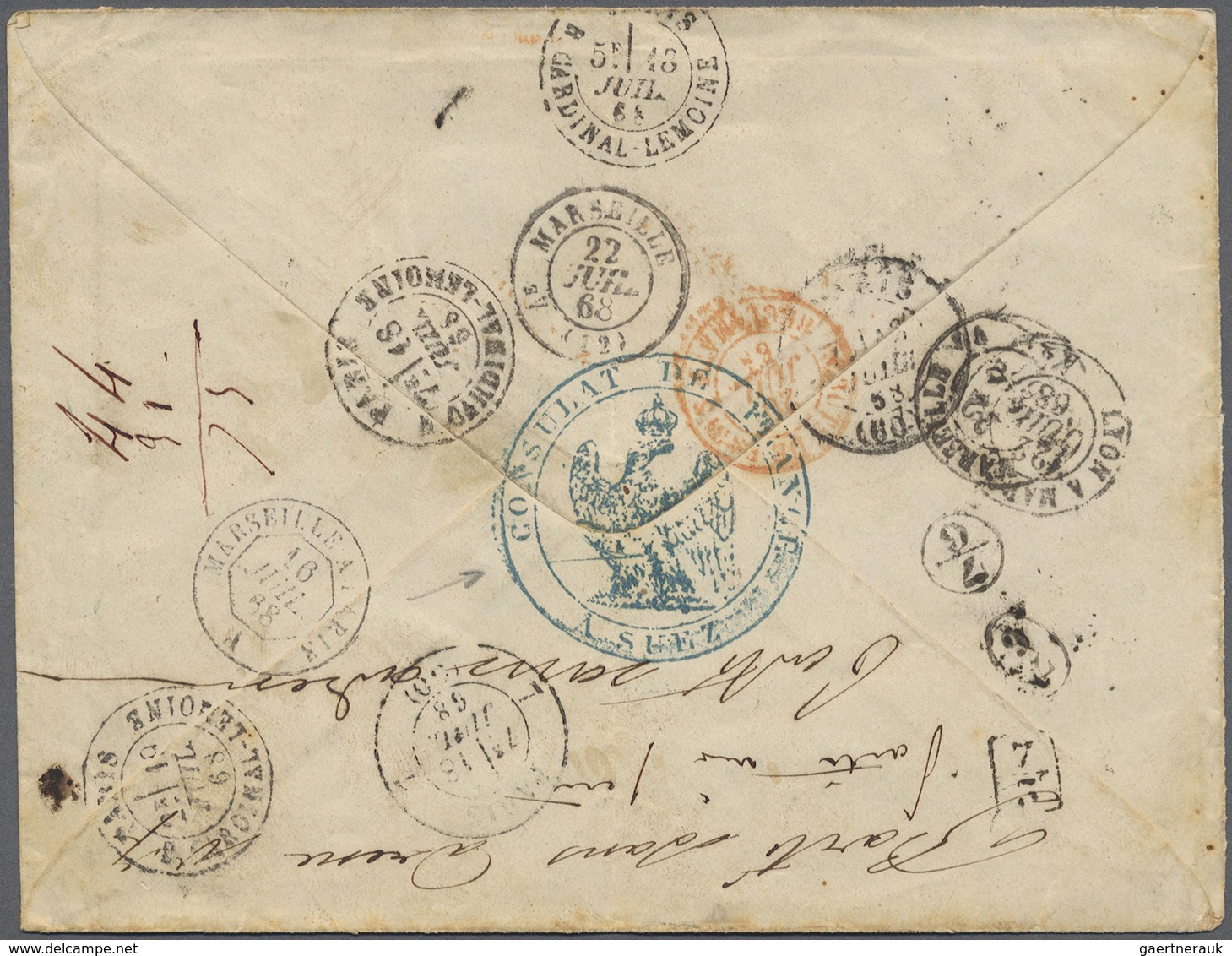 Br Ägypten: 1868. Envelope Written From The 'Consulat De France A Suez' With (consul Seal On Reverse An - 1915-1921 Protectorat Britannique