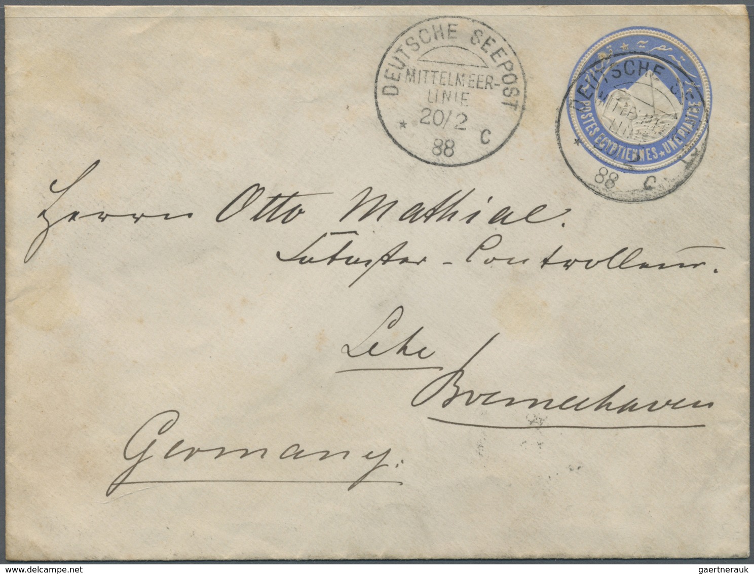 GA Ägypten: 1888 (20 Feb.) Scarce "DEUTSCHE SEEPOST MITTELMEER-LINIE * C " Cds (= Steamer "Stettin") As - 1915-1921 Protectorat Britannique