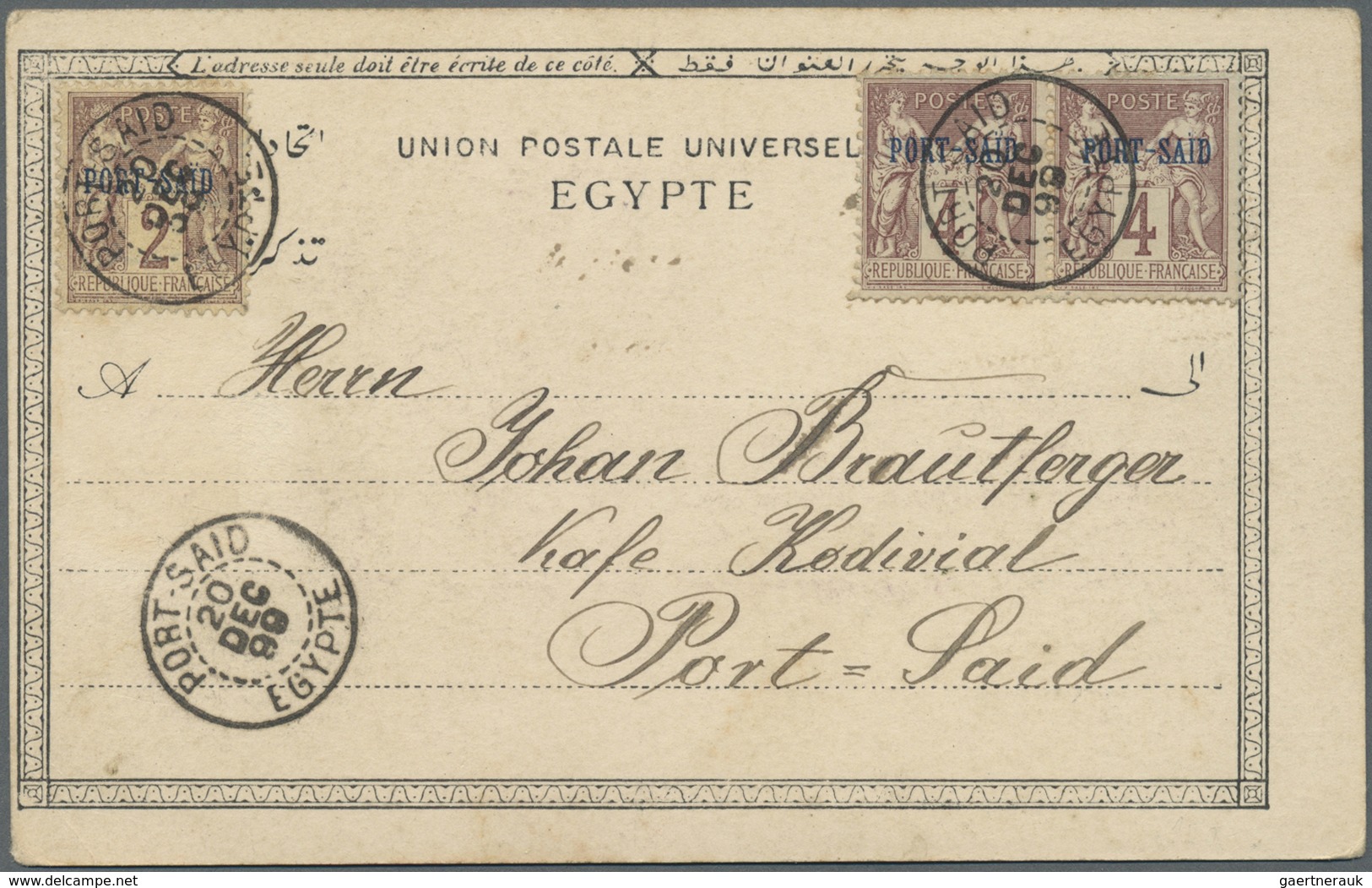 Ägypten: 1899-1900, Two Postcards Bearing French P.O. "PORT SAID" Issues Used Local And Egypt P.O. " - 1915-1921 Protectorat Britannique