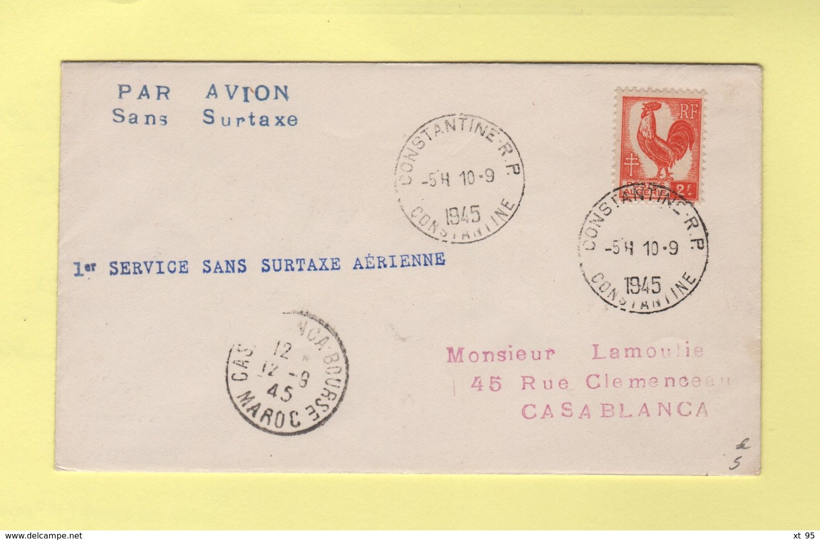 Constantine - 1er Service Sans Surtaxe - Algérie Maroc - 1945 - Type Coq - Lettres & Documents