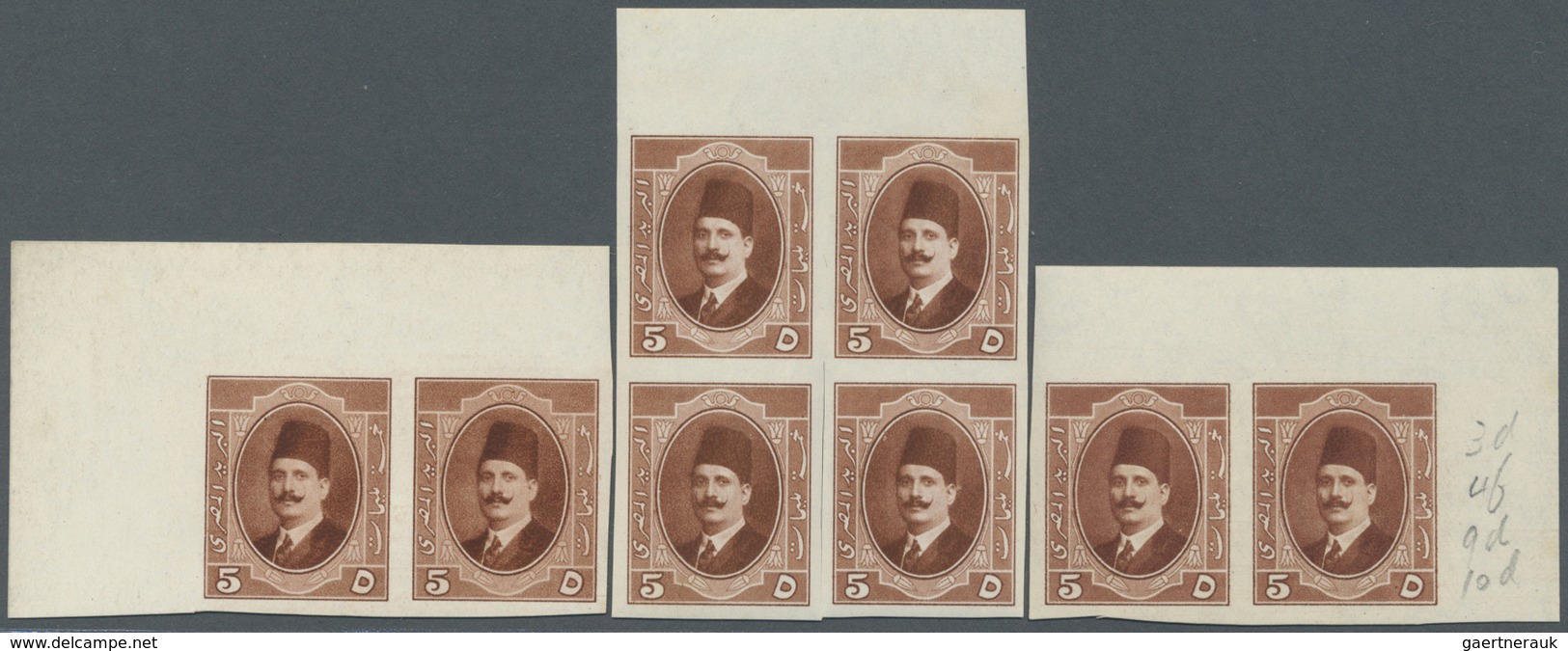 ** Ägypten: 1923 Kíng Fouad 5m. Red-brown, Eight Imperforated Proofs On Gummed Watermarked Paper, As To - 1915-1921 Protectorat Britannique