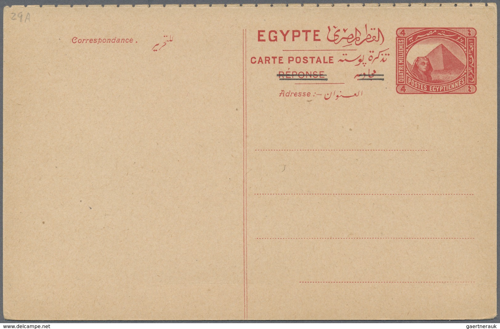 GA Ägypten: 1928 Postal stationery cards 4m., complete set of four separated double cards (1908/1909 is