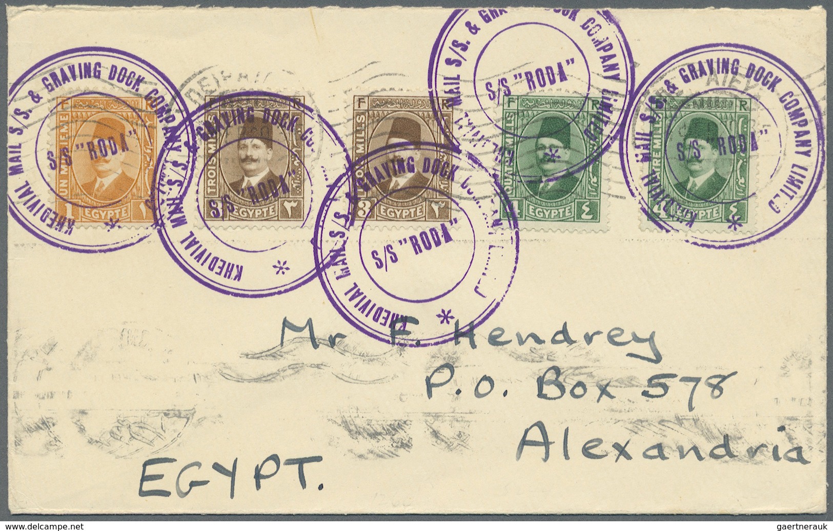 Br Ägypten: 1929 SHIP MAIL By S/S "RODA": Cover From Piraeus, Greece To Alexandria Bearing Five King Fo - 1915-1921 Brits Protectoraat