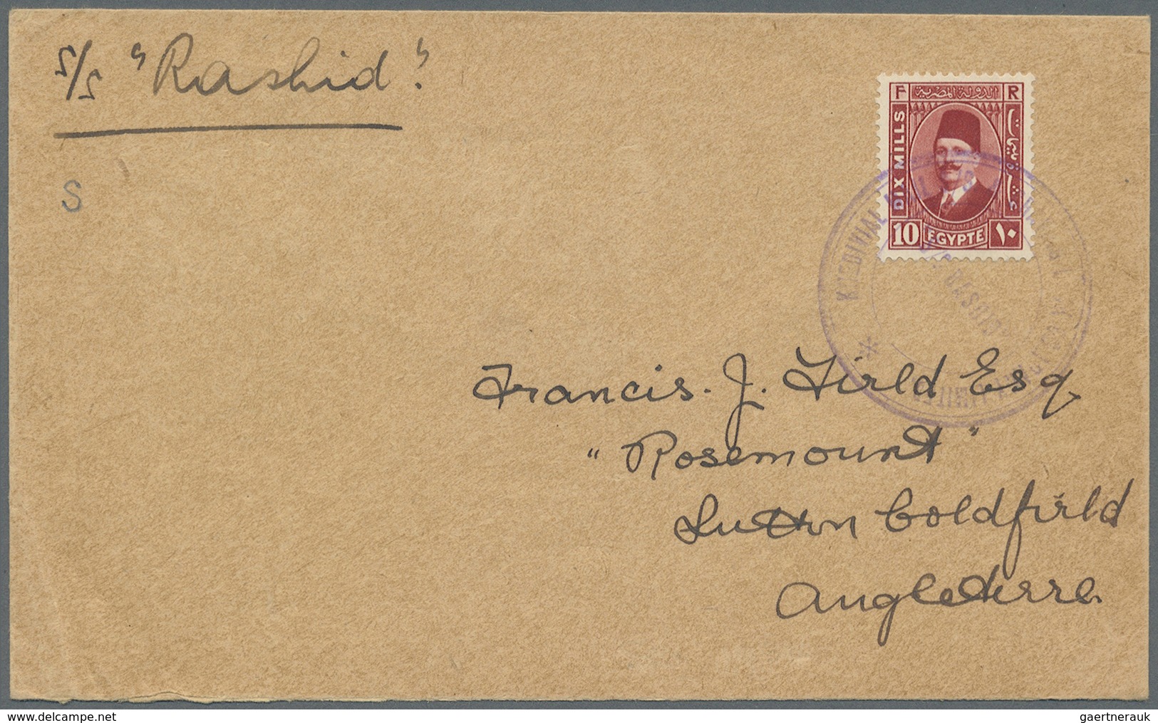 Br Ägypten: 1929 Ca., SHIP MAIL By S/S "RASHID": Cover Franked By 10m. King Fouad And Addressed To Engl - 1915-1921 Protectorat Britannique
