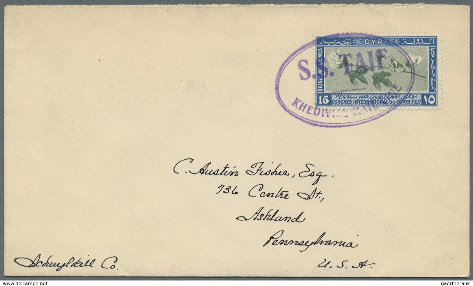 Br Ägypten: 1932 SHIP MAIL: "S.S. TAIF / KHEDIVIAL MAIL LINE" Large Oval H/s In Violet On Cover Address - 1915-1921 Protectorat Britannique